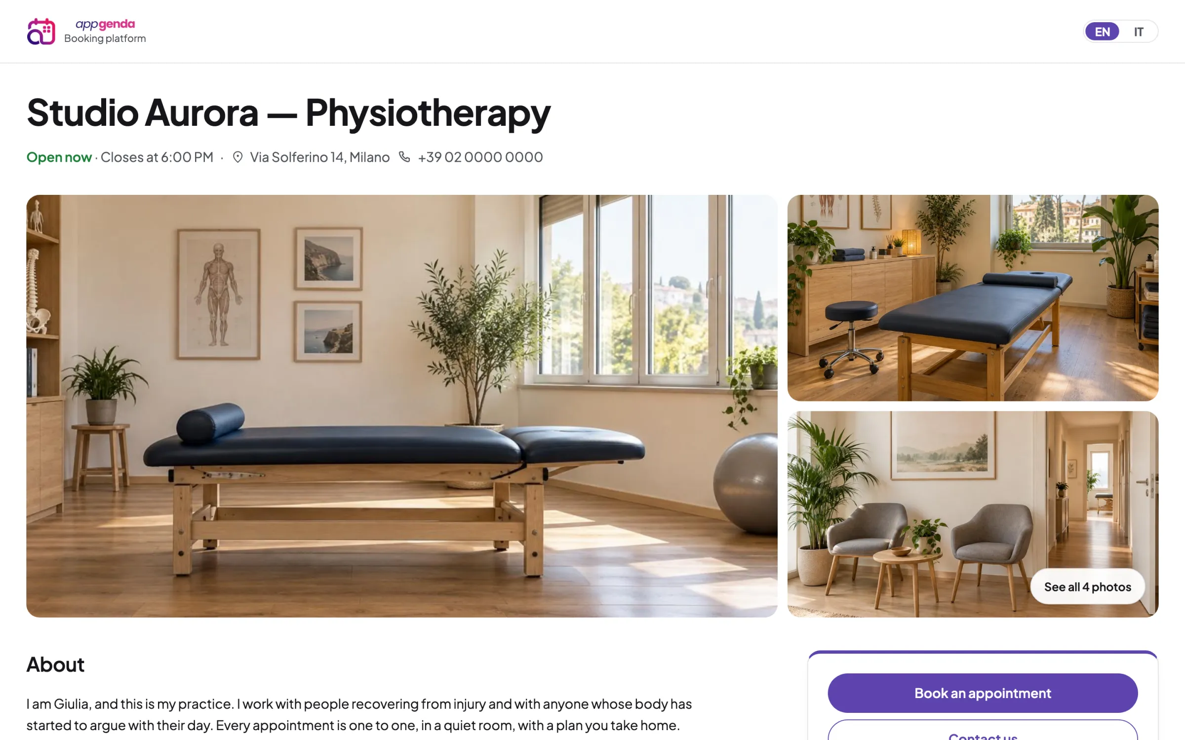 An Appgenda business page for Studio Aurora Physiotherapy, showing studio photographs, opening hours, address and a book-an-appointment action.