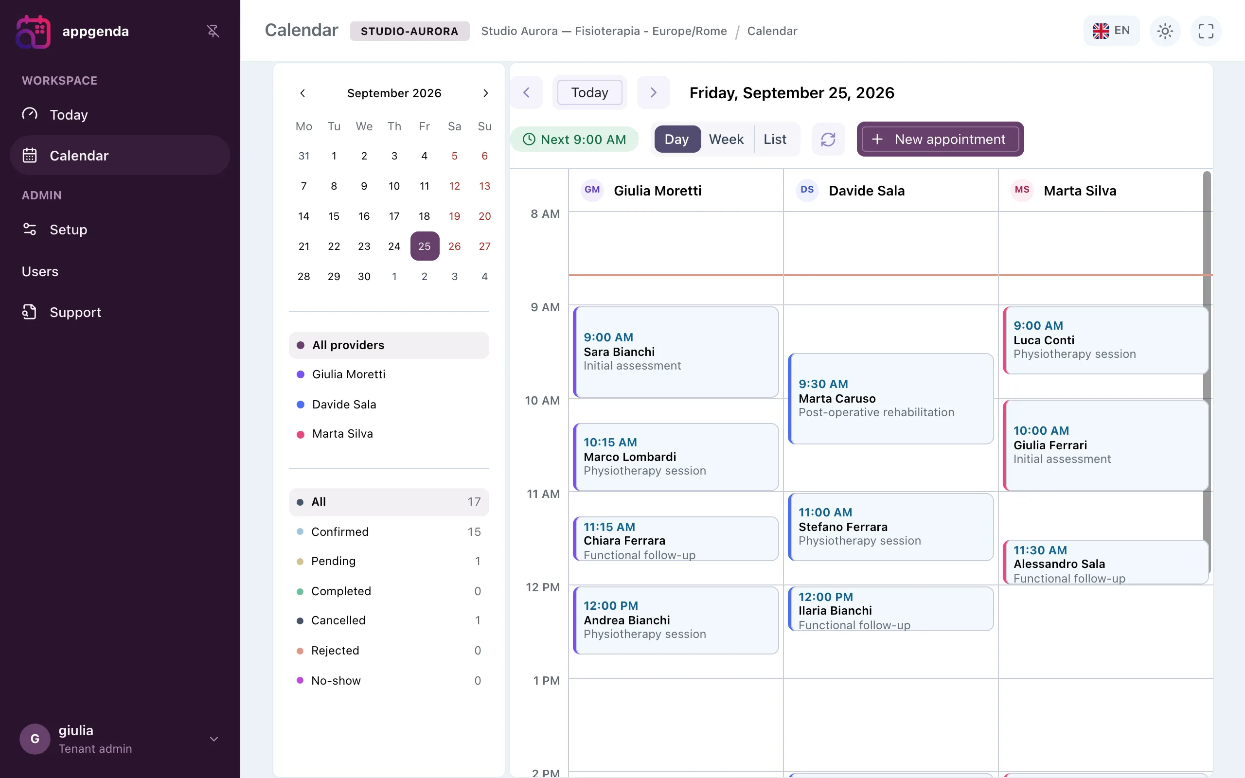The Appgenda calendar on a computer, with the day's appointments split by professional.
